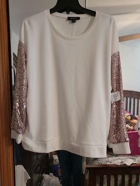 Karen Kane White Sweatshirt with Rose Gold Sequin Sleeves